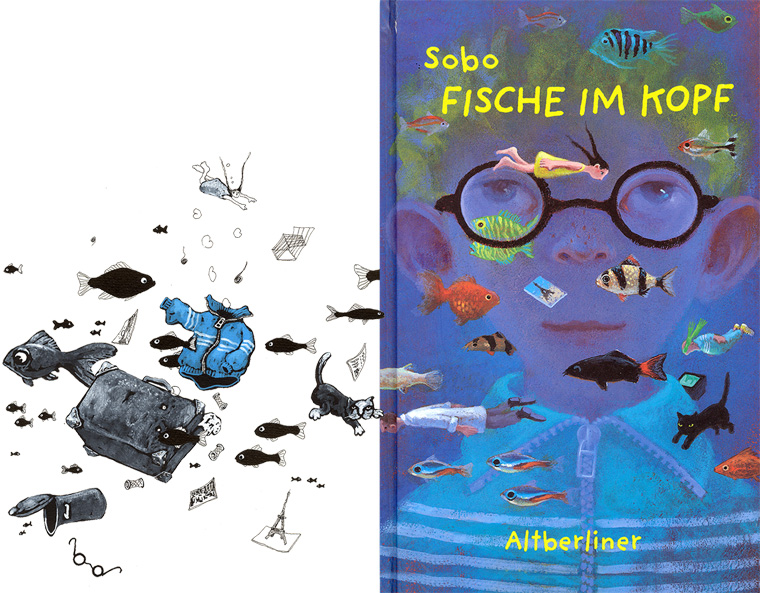 Cover für Kinderroman "Fische im Kopf" und Innenillustration, Altberliner Verlag 1998