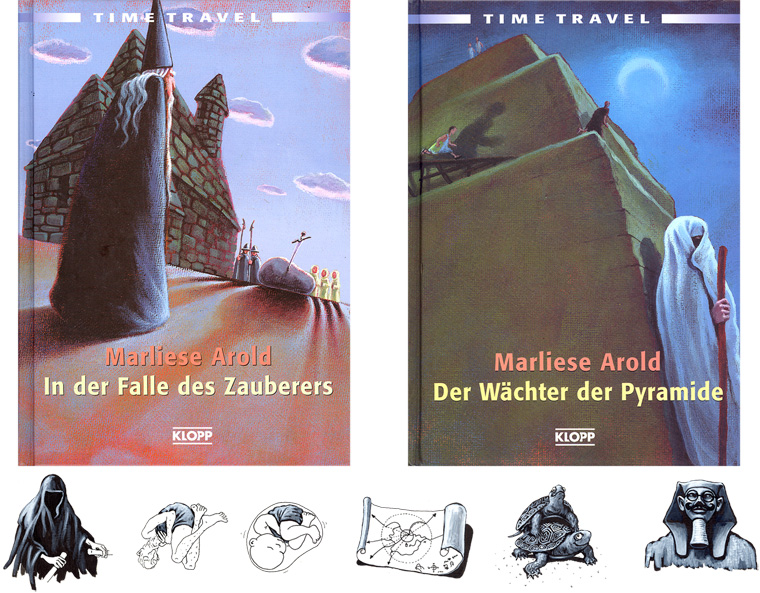 Cover für Kinderromane "In der Falle des Zauberers" und "Der Wächter der Pyramide" und Innenvignetten, Klopp Verlag 2002