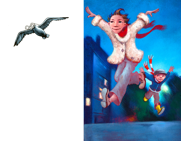 Cover fr Kinderroman "Mit den Mwen fliegen" und Innenvignette, Thienemann Verlag 2006