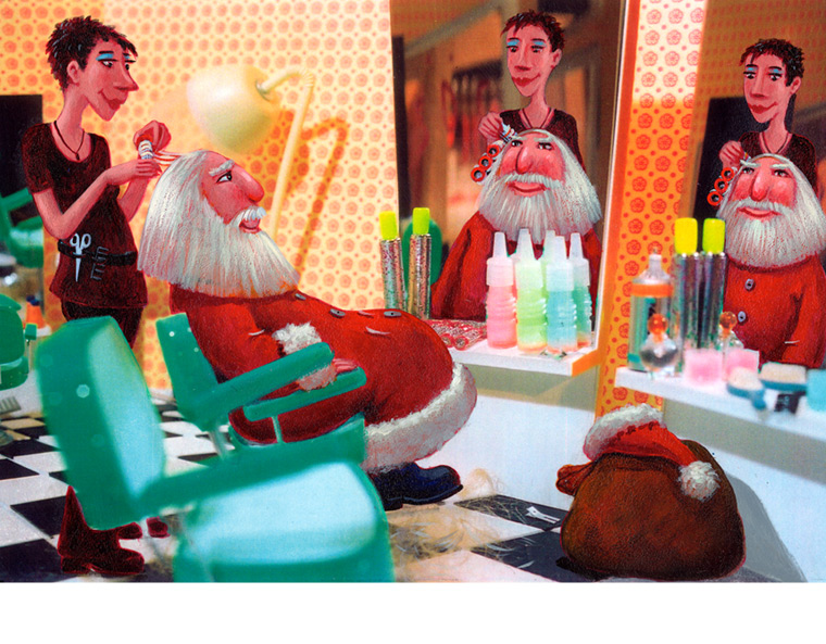 Illustration "Der Weihnachtsmann beim Frisr", Technik: Modellbau/Fotografie/Malerei, 2003