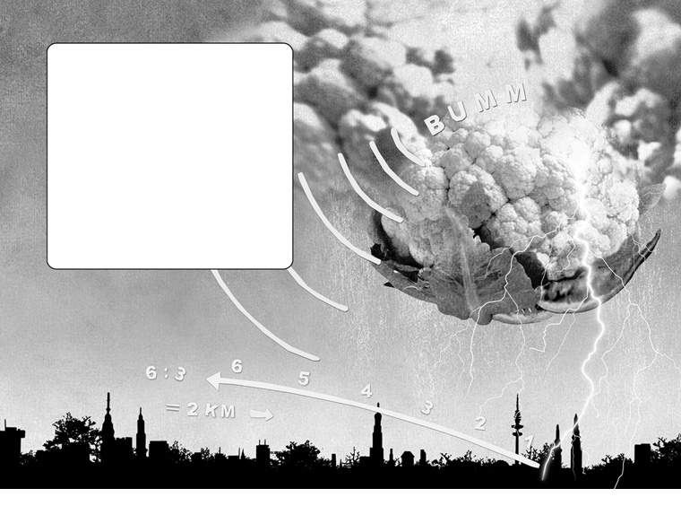 Illustration "Blitz und Donner" aus "SOS am Gipfelkreuz, Ein Abenteuer um Wetter und Klima", dtv junior 2011