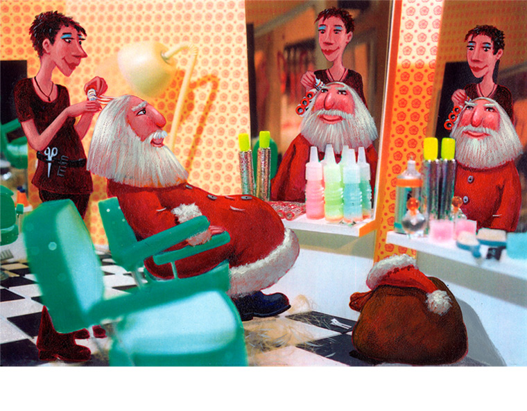 Postkarte "Der Weihnachtsmann beim Frisr", Technik: Modellbau/Fotografie/Malerei, 2003